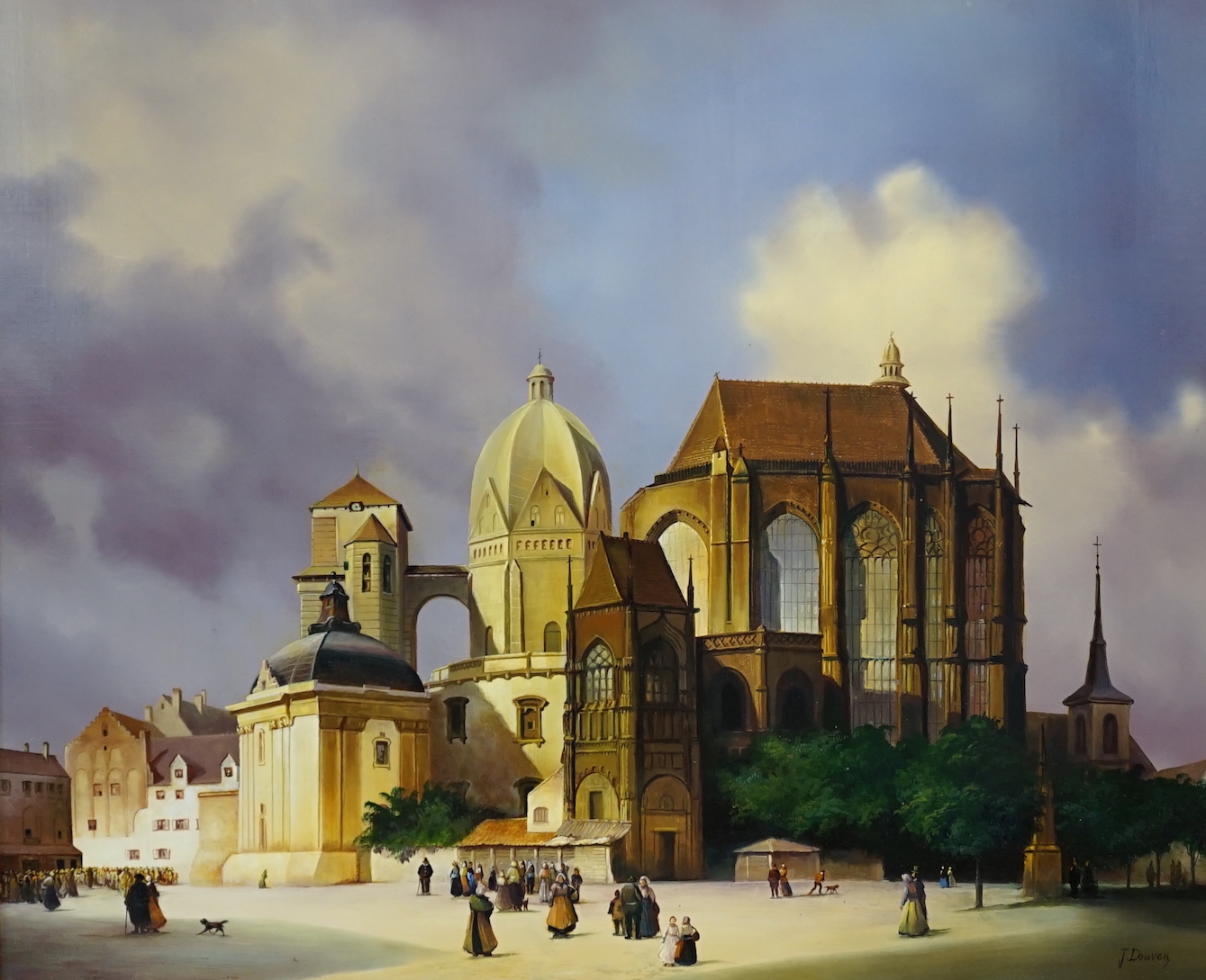 Jacques Douven (1908-2002) oil on board, Figures before a cathedral, signed, 48 x 58cm, ornate gilt framed